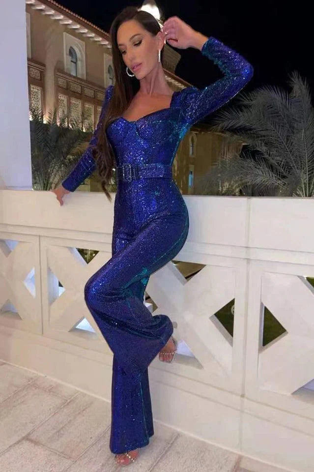 Sequin Jumpsuit with Corset Detail and Flared Legs