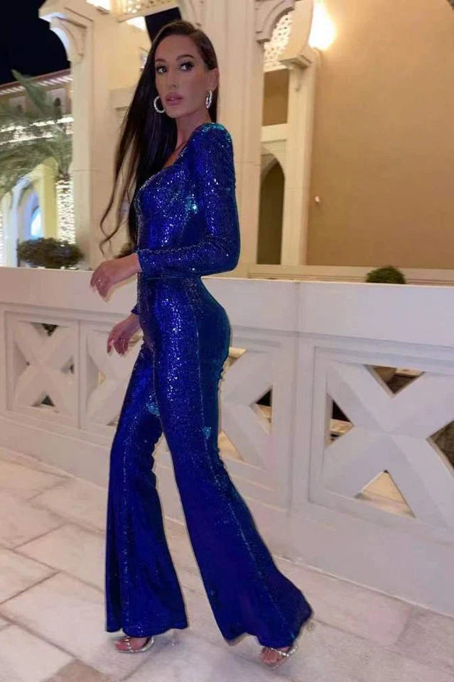 Sequin Jumpsuit with Corset Detail and Flared Legs