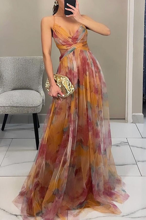 Women's Maxi Dress – Multicolour, Thin Straps, V-Neck, Fluid Silhouette
