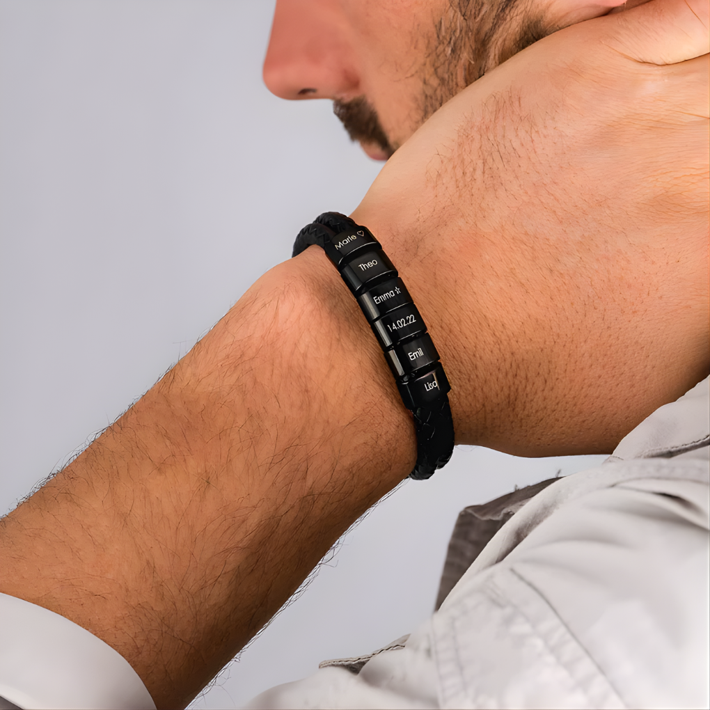 Men's Black Bracelet with Engraved Beads