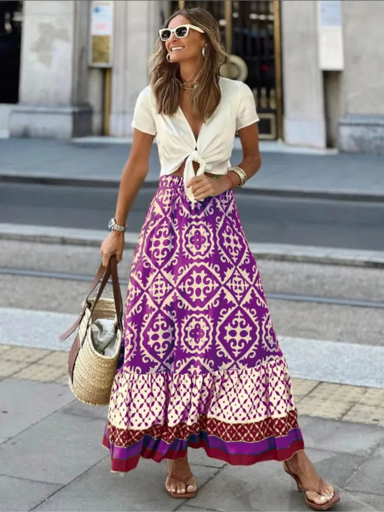 Elegant Long Floral Skirt with Elastic Waist