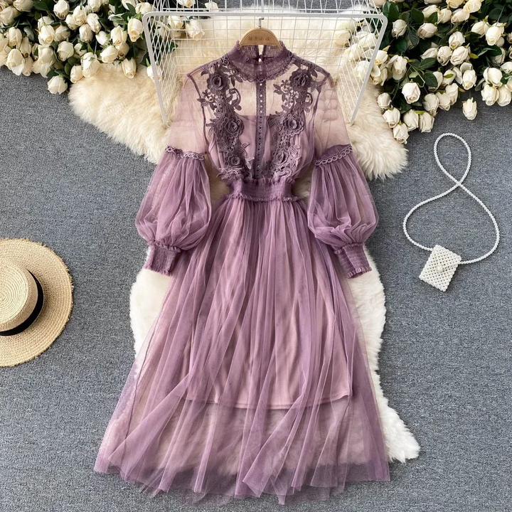 Enchanting Floral Dress with Stand-Up Collar