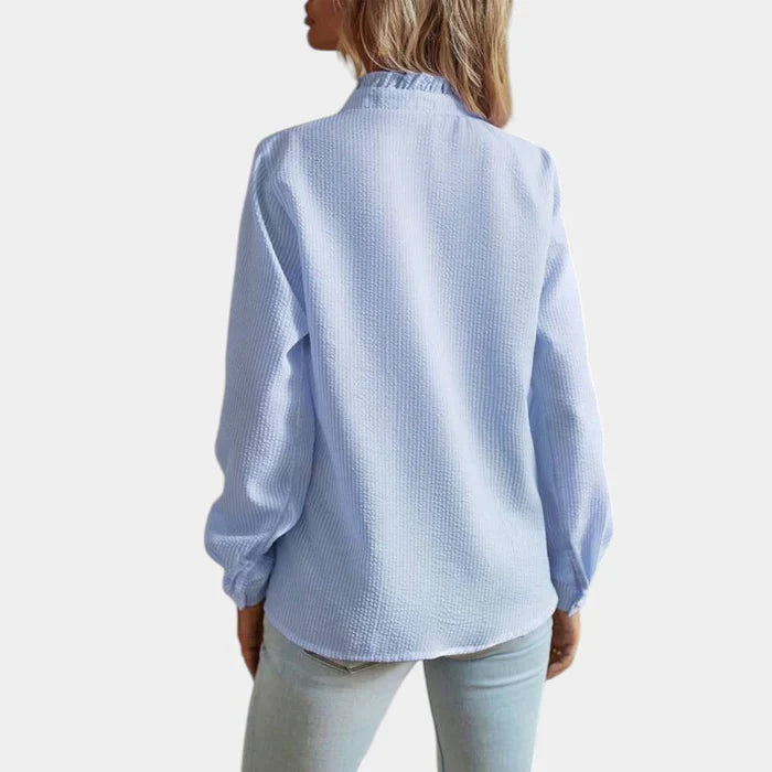 Striped Women's Blouse with Ruffles and Elegant Button Closure