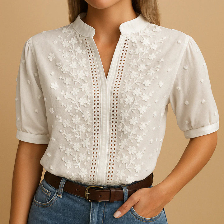 Embroidered White Blouse with Stand Collar