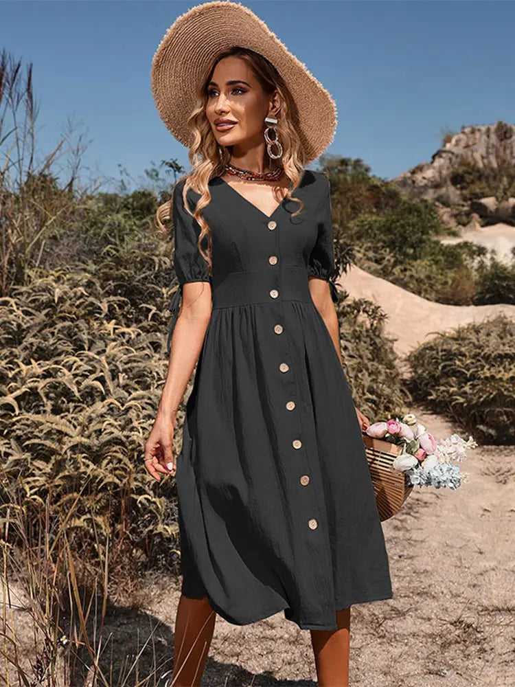 V-Neck Cotton Spring/Summer Dress with Effortless Elegance