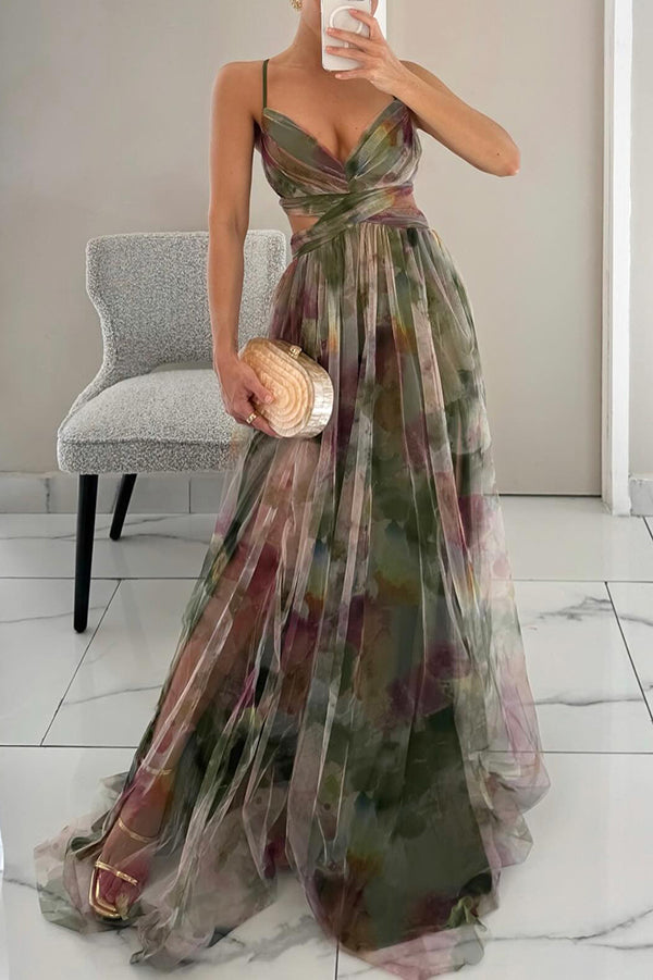 Women's Maxi Dress – Multicolour, Thin Straps, V-Neck, Fluid Silhouette