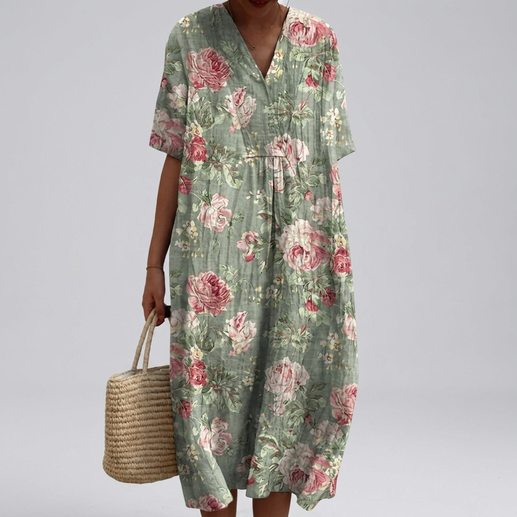 Women’s Floral Summer Dress – V‑Neck and Short Sleeves