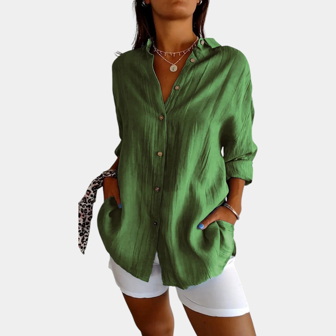 Damesblouse van luchtige katoen-linnenmix met comfortabele pasvorm, ideaal voor werk, vrije tijd of een avondje uit.