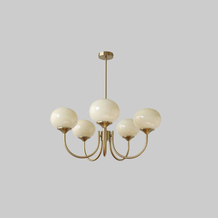 Modern pink and gold chandelier with elegant glass shades, ideal ceiling light fixture for chic home decor and illumination.